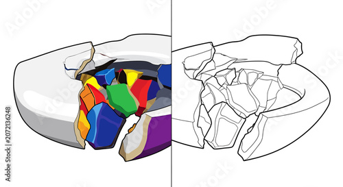 Broken toilet bowl with colorful objects inside and outline sketch  