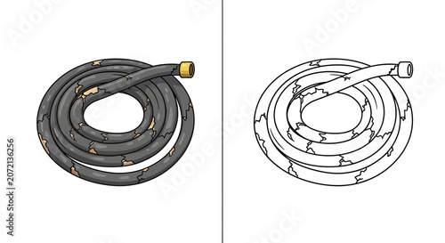 Garden hose coiled on white background in color and outline style  