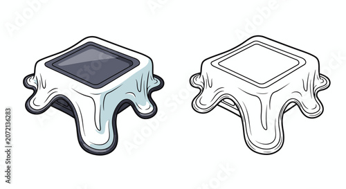 Melting ice cream square on white background in colored and outline styles  
