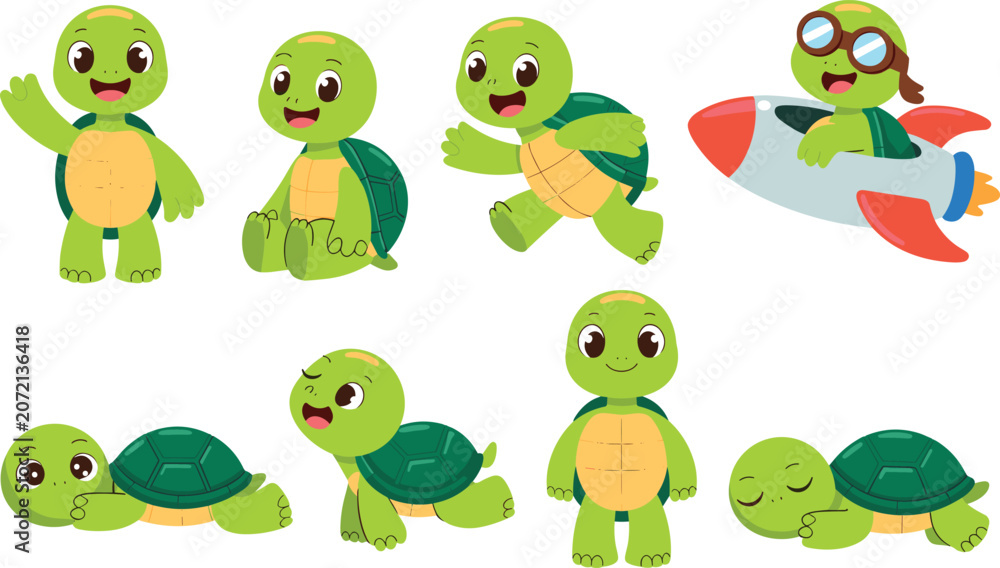 Obraz premium Comprehensive set of cute green turtle characters showing happy emotions in active poses like flying a rocket on white background