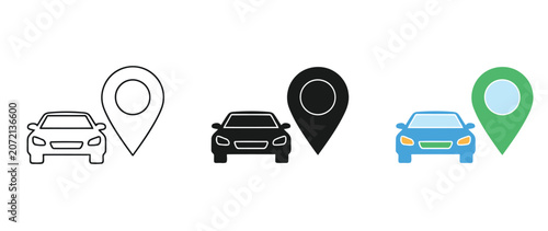 Car location pin icons with different vehicle styles and map markers