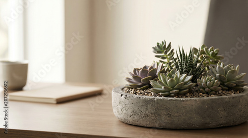 A succulent arrangement in a rustic concrete bowl on a wooden desk with soft natural window lighting