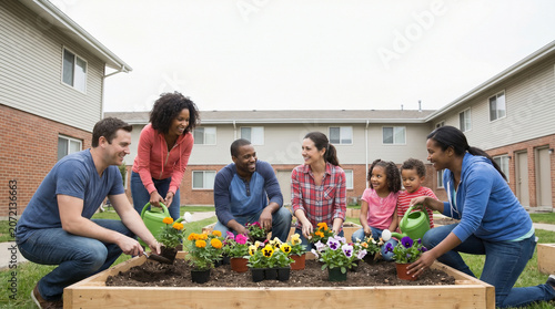Diverse neighbors and children gardening together in a community garden to support eco-friendly clean energy solutions and sustainability initiatives in a residential apartment complex courtyard