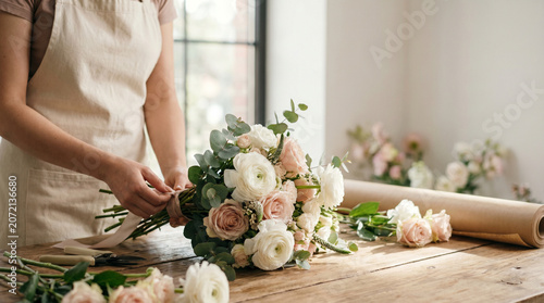 Professional florist arranging a bouquet of blush roses and white ranunculus on a wooden workbench