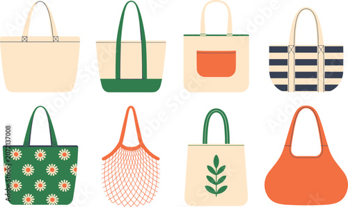 Various reusable canvas tote bags and mesh grocery sacks are neatly displayed on a clean background for eco-friendly shopping.