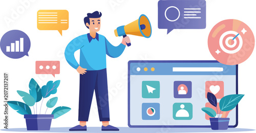 Digital marketing announcement man with megaphone social media analytics isolated on transparent background