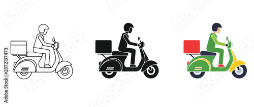 Delivery person riding colorful scooters with cargo boxes illustration