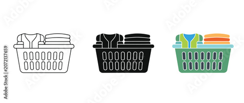Three laundry baskets filled with different colored folded clothes icons