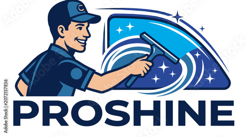 Professional Window Cleaning Service Logo with Man Wiping Window with Squeegee and Sparkles