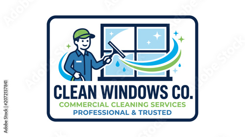 Vibrant illustration of a cheerful professional worker expertly cleaning sparkling windows, representing reliable and trusted commercial window cleaning services