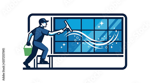 Professional window cleaner in uniform with squeegee and bucket cleaning sparkling windows, efficient service
