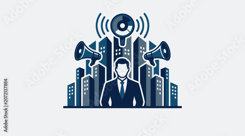 Executive at the forefront of urban communication, portrayed with city buildings, megaphones, and a speaker, illustrating leadership in broadcasting and public outreach and strategic messaging