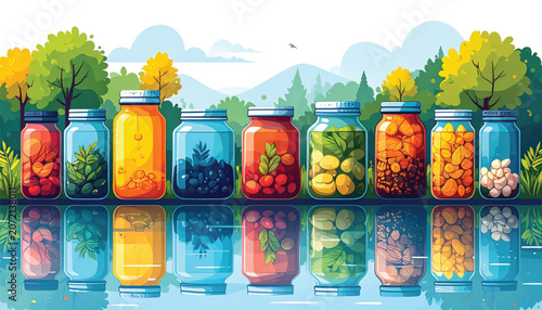 Colorful jars of preserved fruits.