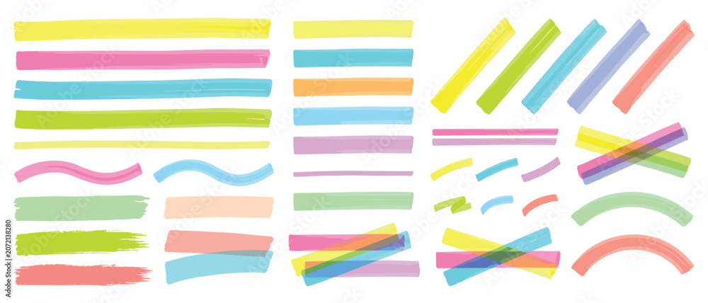 Fototapeta premium Pastel Highlighter Marker Brush Strokes Vector Set with Transparent Lines and Crossing Stripes for Text Highlight Design 