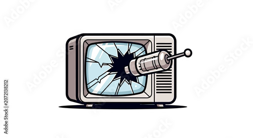 Broken television with a syringe breaking through the screen  