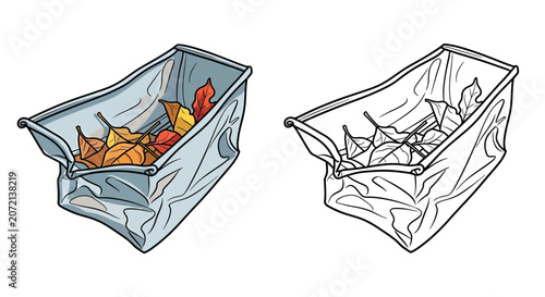 Bag filled with colorful autumn leaves beside empty bag  