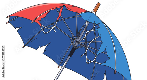 Torn blue and red umbrella with exposed frame on white background  