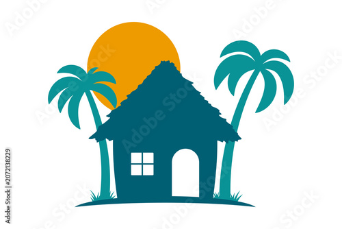 Bungalow, palm trees, and sun icon. Colored silhouette. Front view. Vector simple flat graphic illustration. Isolated object on a white background.