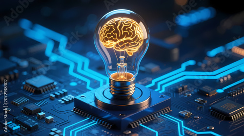 Golden brain in bulb on blue circuit board