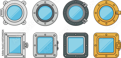 Canvastavla A collection of nautical porthole icons in brass and silver, evoking maritime adventure on a bright white background