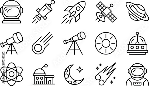 Bild auf Leinwand Comprehensive collection of professional monochrome space icons representing curious scientific discovery in a clean setting