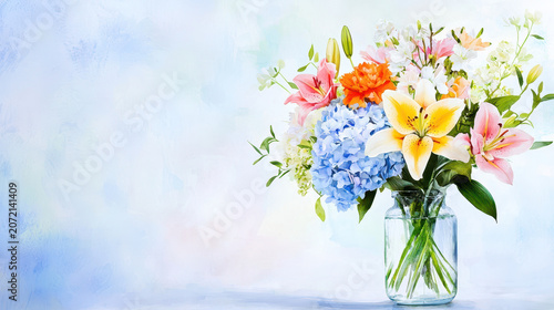 Beautiful bouquet of colorful flowers in glass vase, featuring lilies, hydrangeas, and other blossoms, creating cheerful atmosphere