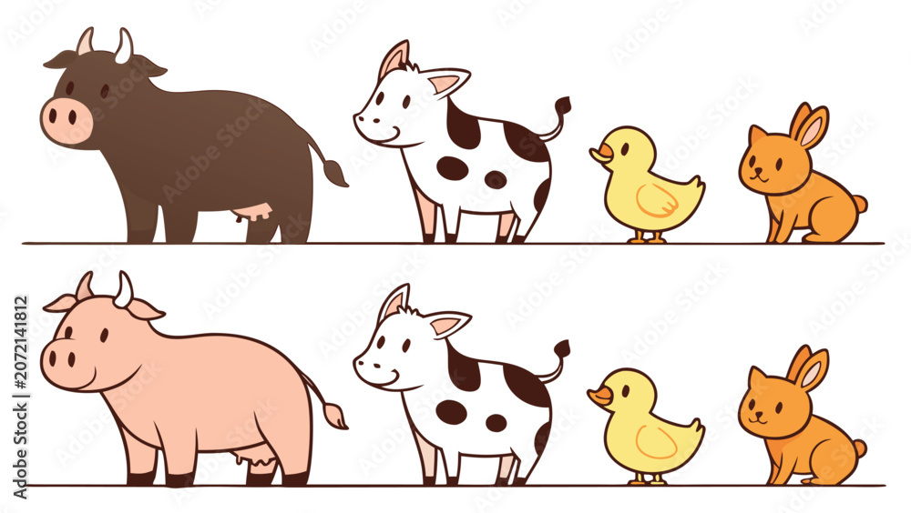 Fototapeta premium Vector illustration set of cute farm animals including cow, pig, chick and rabbit