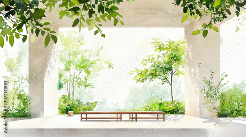 Serene watercolor illustration of tranquil outdoor space featuring lush greenery and simple wooden bench. scene evokes sense of peace and harmony
