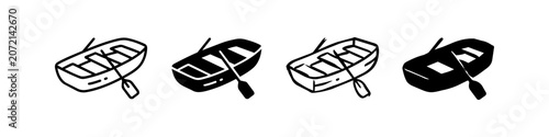 Photos Set of wooden rowboat icons in different styles, including line art and silhouette