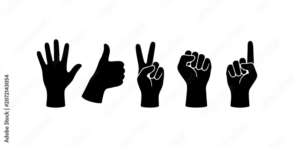 Fototapeta premium Hand Gesture Silhouette Collection Set, Open Palm, Thumbs Up, Peace Sign, Fist and Pointing Finger Vector Icons