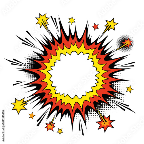 Vibrant comic explosion burst with stars and rays isolated