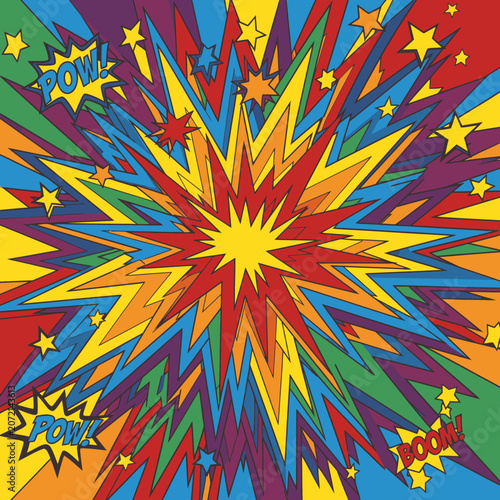 Vibrant colorful explosion with stars and rays comic style