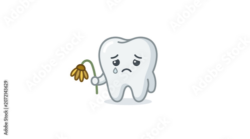 Sad Cartoon Tooth Holding Drooping Flower, Dental Health Concept