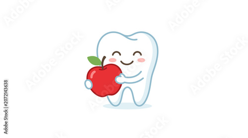 Happy Cartoon Tooth Hugging Red Apple, Dental Health Concept, Cute Character
