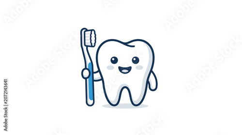 Happy Cartoon Tooth Holding Toothbrush - Dental Hygiene Concept
