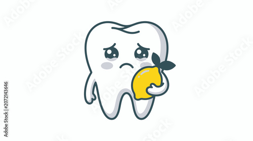 Sad Cartoon Tooth Holding Lemon, Dental Sensitivity Concept