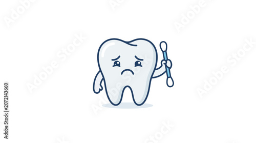 Sad cartoon tooth holding cotton swab, dental hygiene concept
