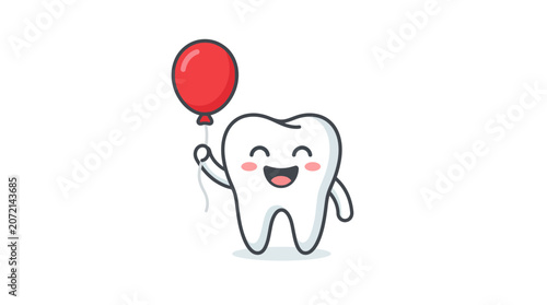 Happy Tooth Character Holding Red Balloon - Dental Health Concept