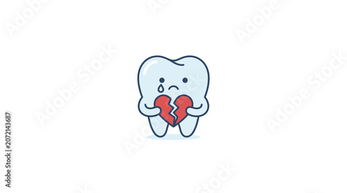 Sad Cartoon Tooth Holding Broken Heart, Dental Care Concept