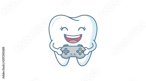 Happy Cartoon Tooth Playing Video Games with Controller, Dental Fun