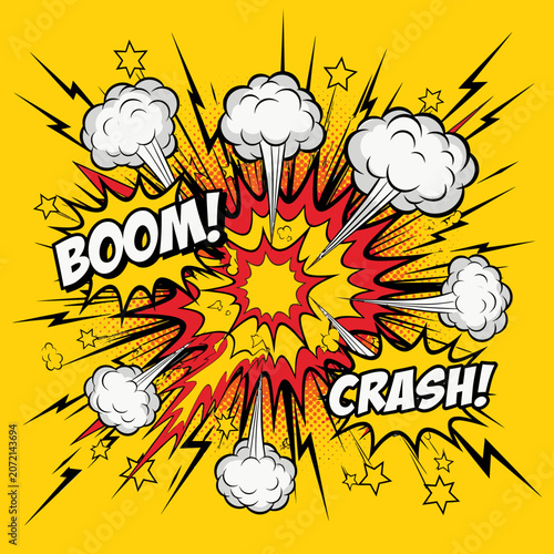 Comic explosion with boom crash text on yellow background