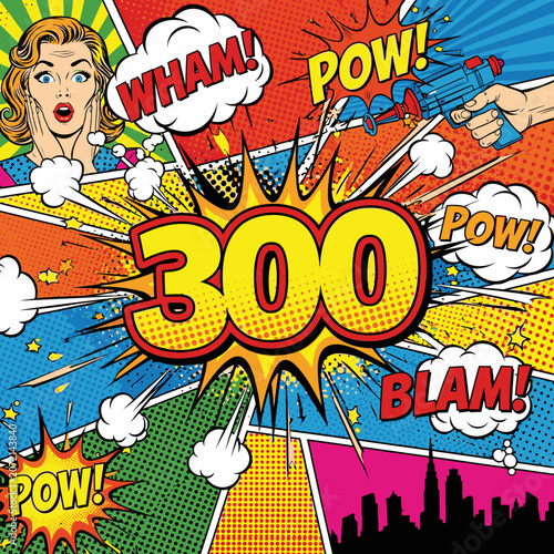 Comic book explosion with 300 text and pow wham blam