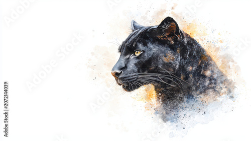 Stunning watercolor portrait of black panther, showcasing its majestic profile with intricate details and vibrant splashes of color