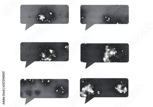 Collection of six textured black speech bubbles with abstract white ink splatters on white background.