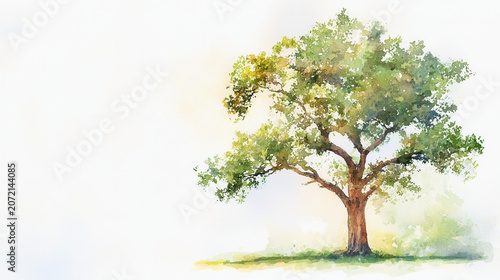 Beautiful watercolor sketch of large tree with lush green leaves, set against soft, light background, evokes sense of tranquility and nature