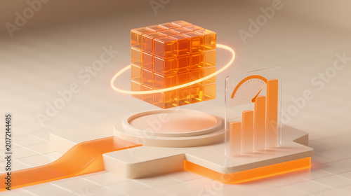 Orange translucent cube with glowing tech elements