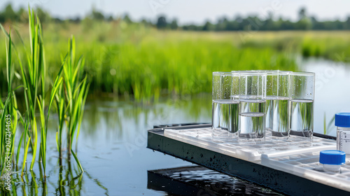 Water samples clear glass tubes sit tray by wetland, surrounded by lush green grass and calm water, showcasing nature beauty and scientific