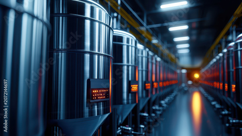 Modern wine fermentation tanks shine in dimly lit facility, showcasing advanced technology and precision in winemaking