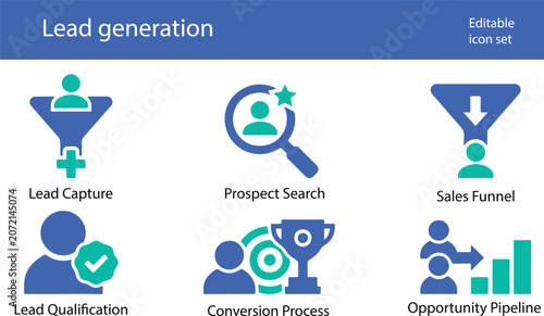 Lead generation icon set featuring prospect acquisition, sales funnels, customer conversion, and business opportunities. Two-color flat vector icons for marketing business.