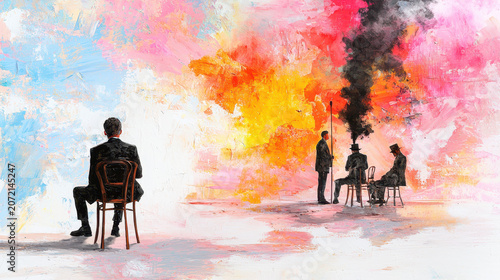 Surreal painting depicting man sitting chair, observing two figures vibrant, colorful background with smoke. scene evokes curiosity